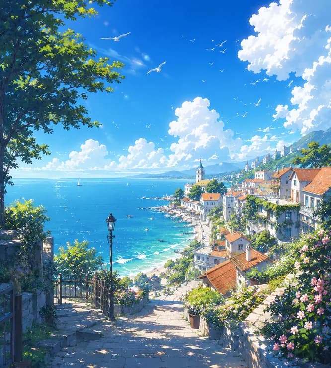 Anime-Style Coastal Village Jigsaw Puzzle